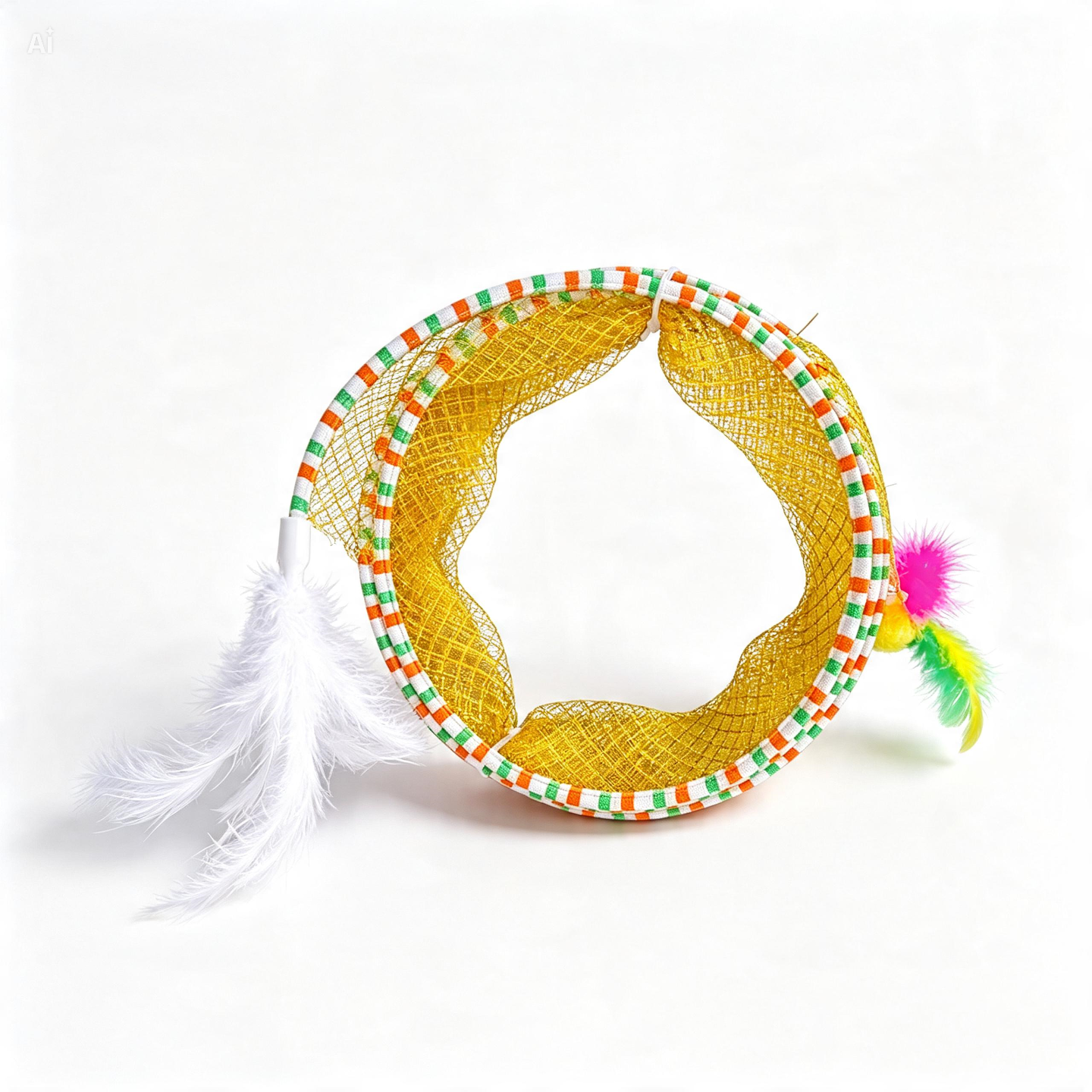 A yellow mesh cat toy tunnel with a striped green, orange, and white trim, featuring two white feathers and a small multicolor feather pom-pom on a white background.
