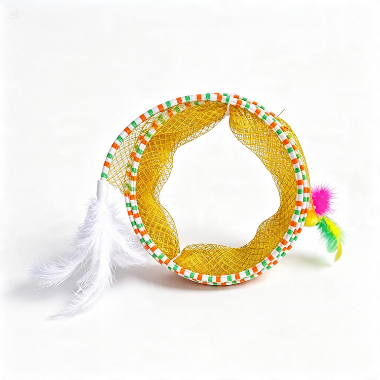 A yellow mesh cat toy tunnel with a striped green, orange, and white trim, featuring two white feathers and a small multicolor feather pom-pom on a white background.