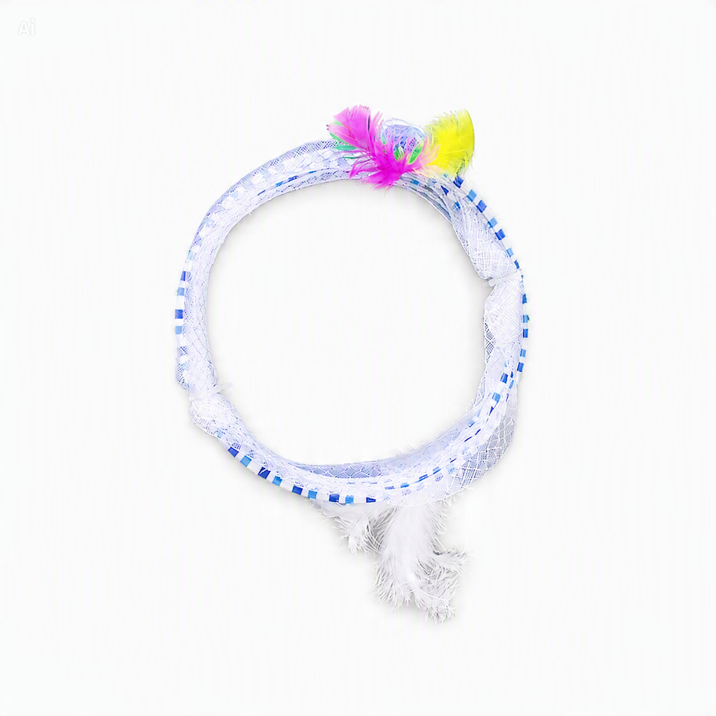 A white lace headband decorated with blue sequins, white feathers, and two bright decorative feathers in pink and yellow, shown on a plain white background.