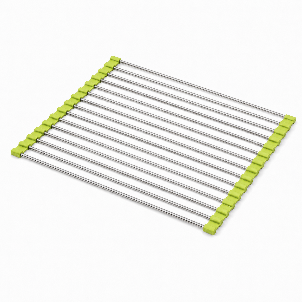 Metal cooling rack with green plastic clips on a white background