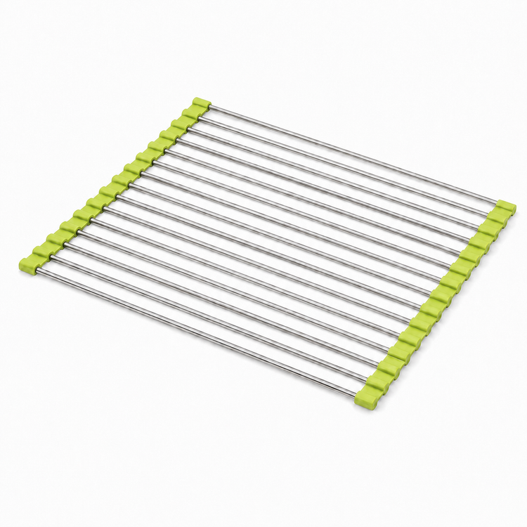 Metal cooling rack with green plastic clips on a white background
