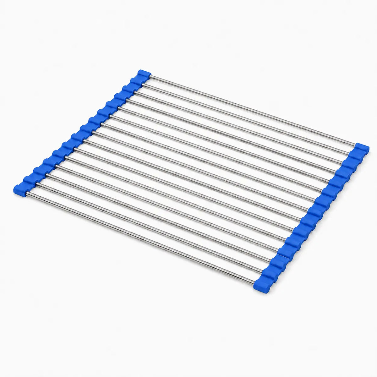 Metal grid with blue plastic clips on a white background