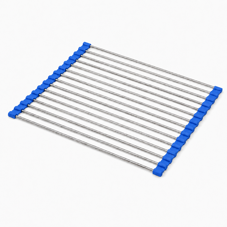 Metal grid with blue plastic clips on a white background