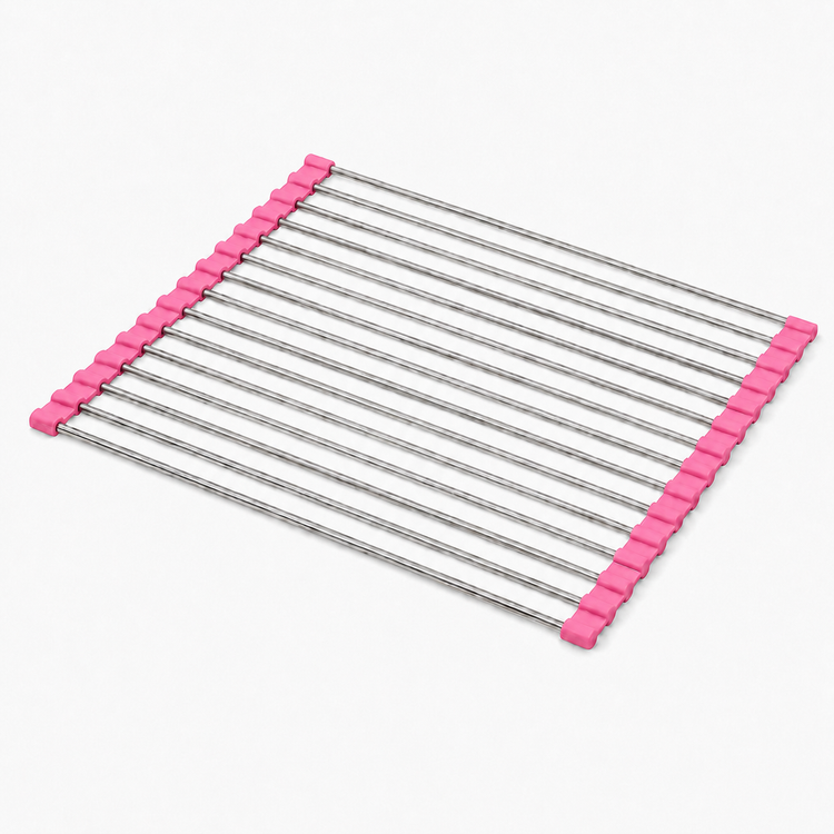 Metal cooling rack with pink silicone edges on a white background
