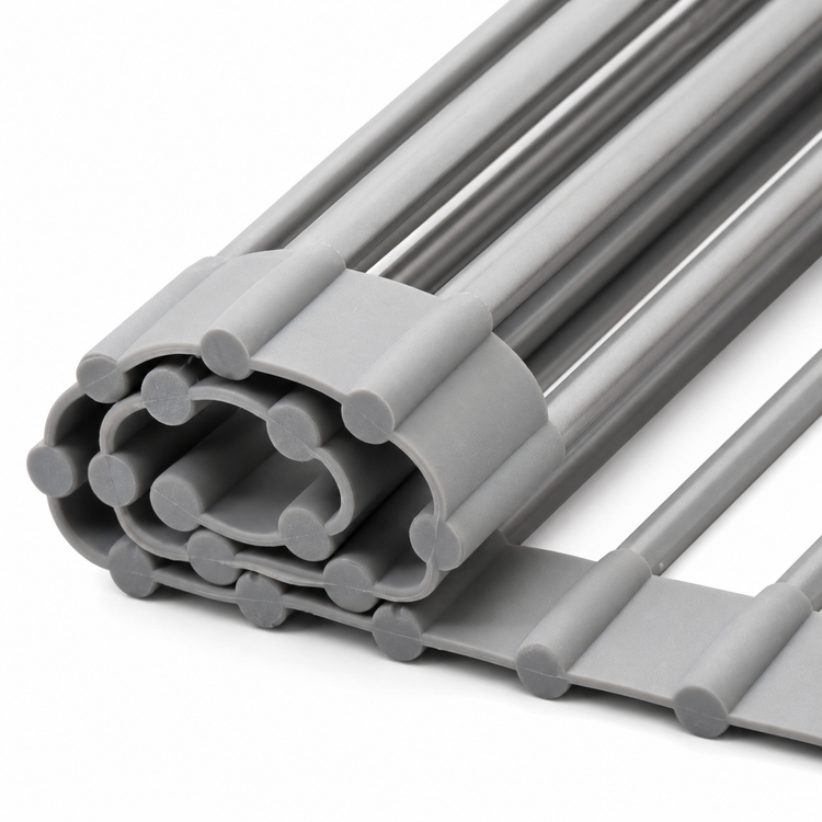 Stack of gray plastic profiles on a white background