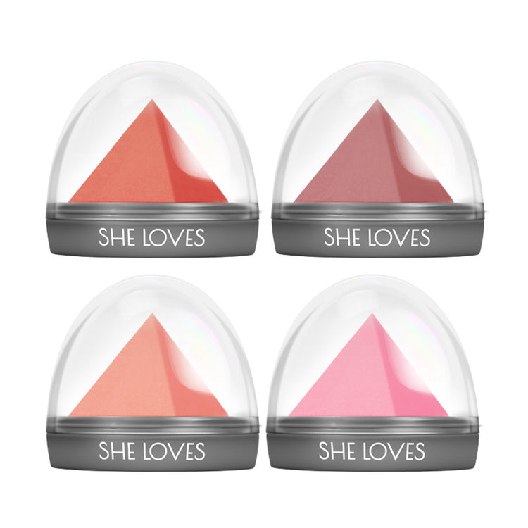 Four lip balm containers with pink triangles and &