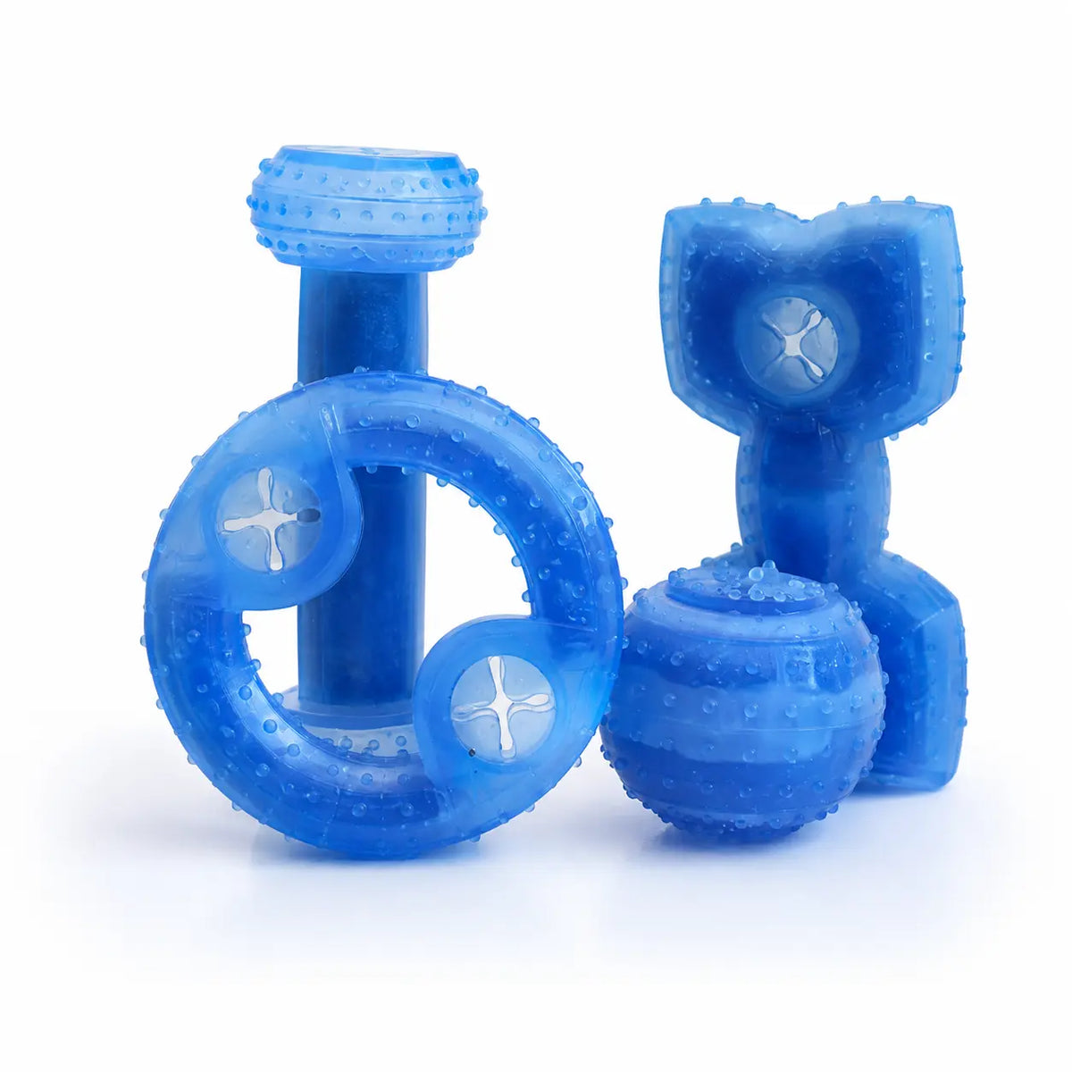 Set of blue rubber dog toys on a white background