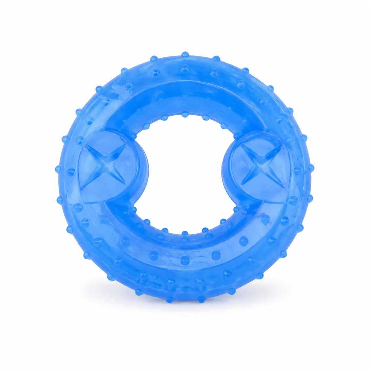 Blue textured ring toy on a white background