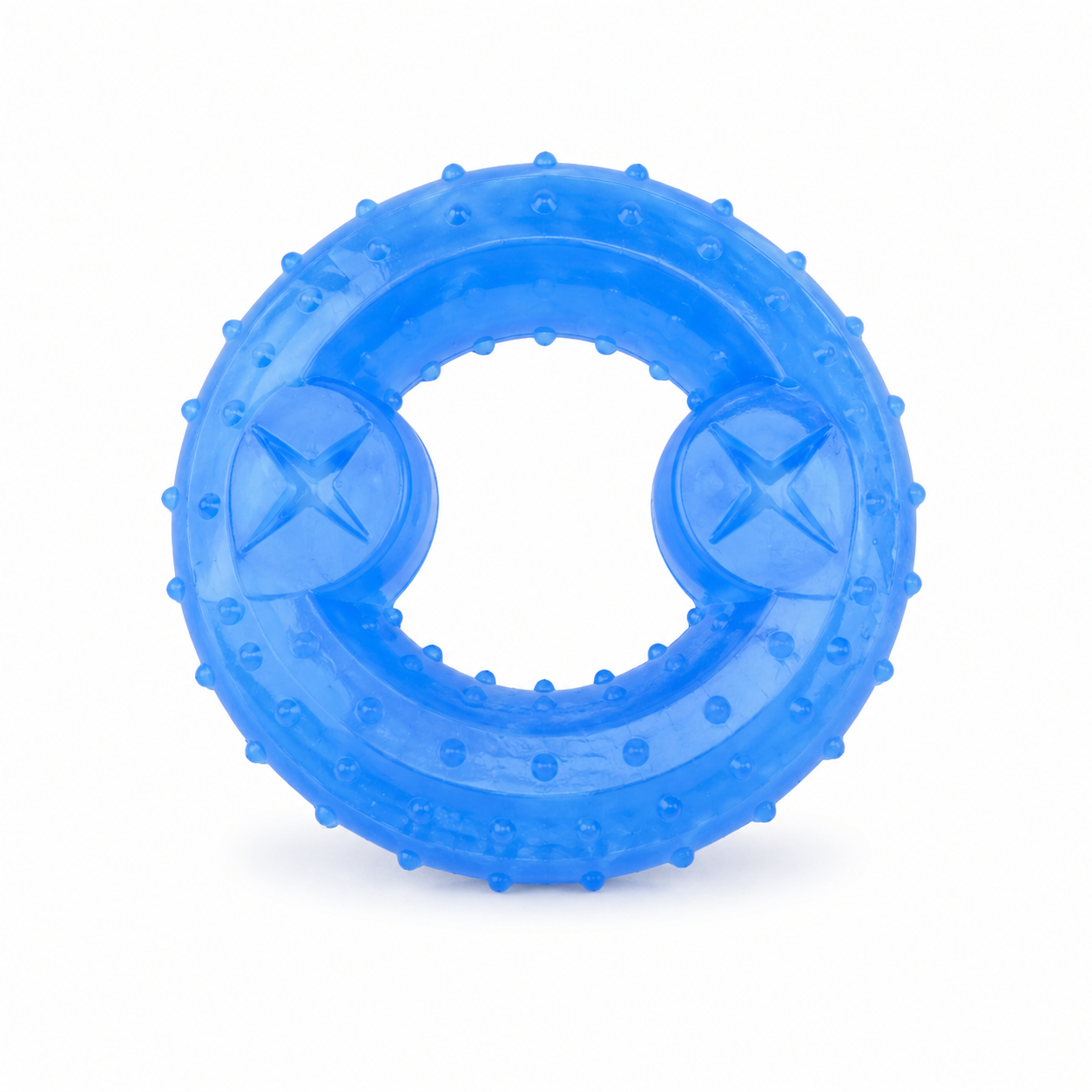 Blue textured ring toy on a white background