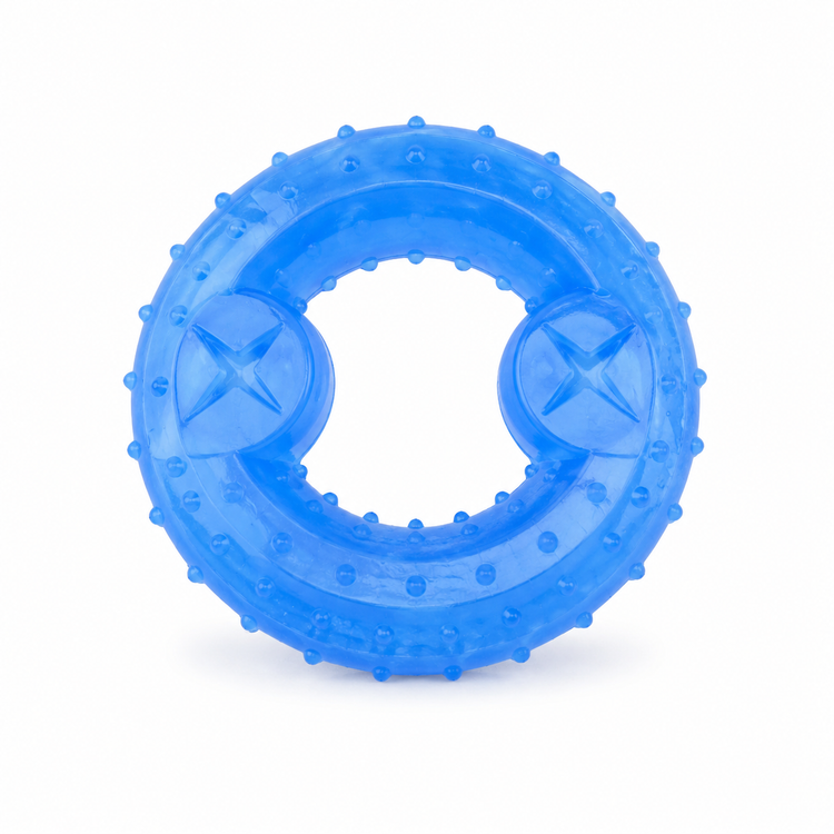 Blue textured ring toy on a white background