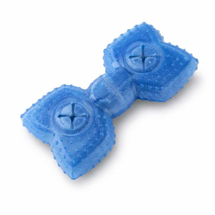 Blue dumbbell-shaped toy with textured surface on a white background