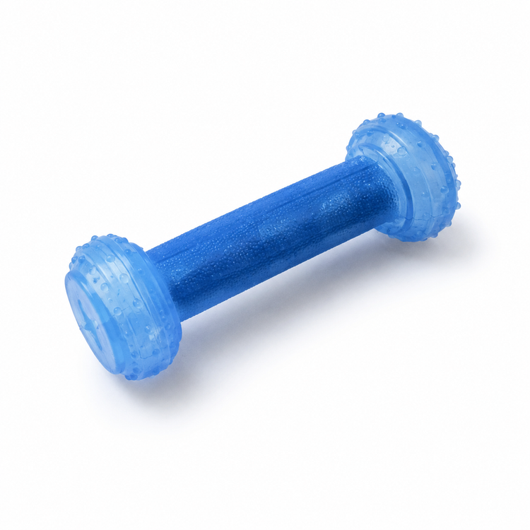Blue dumbbell-shaped toy on a white background
