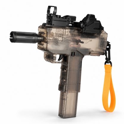 Clear toy gun with orange handle on a white background