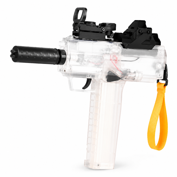 Clear water gun with black and orange accents on a white background