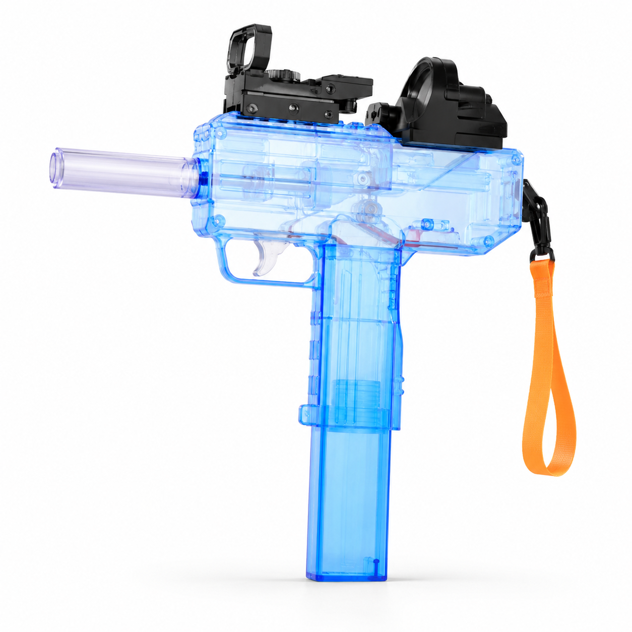 Blue toy gun with an orange strap on a white background