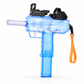 Blue toy gun with an orange strap on a white background