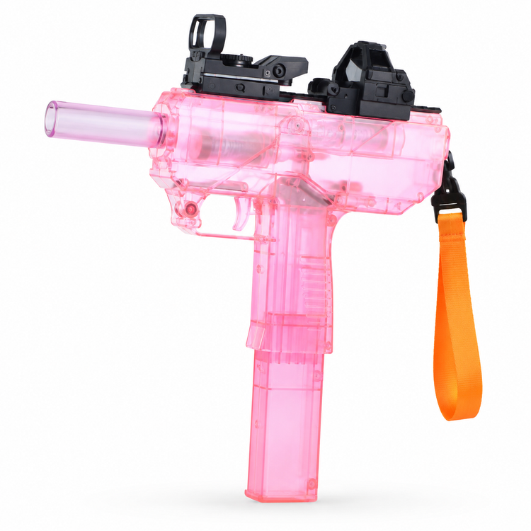 Pink transparent toy gun with an orange handle on a white background