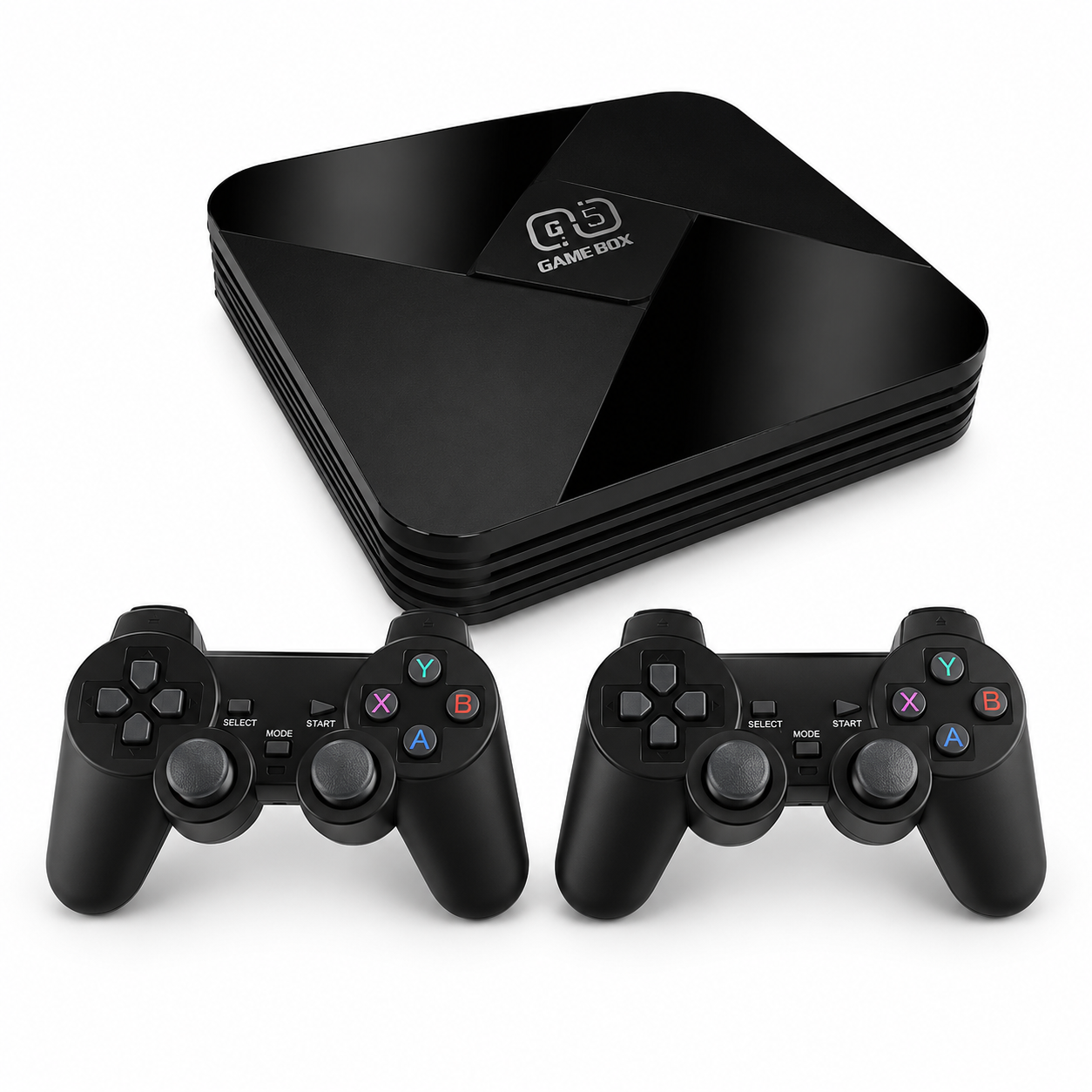 Black gaming console with two controllers on a white background