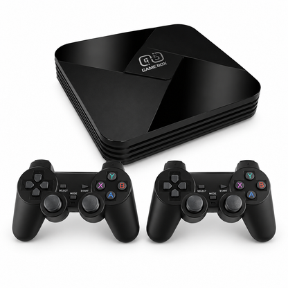 Black gaming console with two controllers on a white background