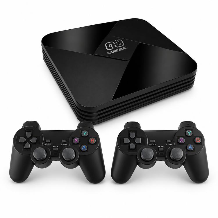 Black gaming console with two controllers on a white background