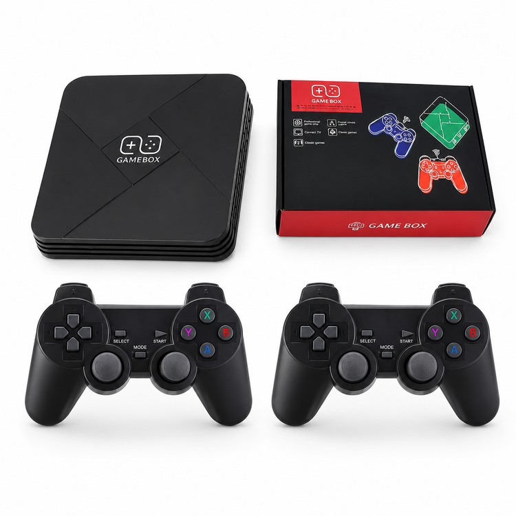 Black gaming console and controllers with a Game Box branded box on a white background