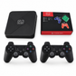Black gaming console and controllers with a Game Box branded box on a white background