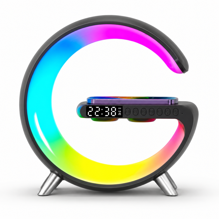 Colorful circular clock with digital display on a white background