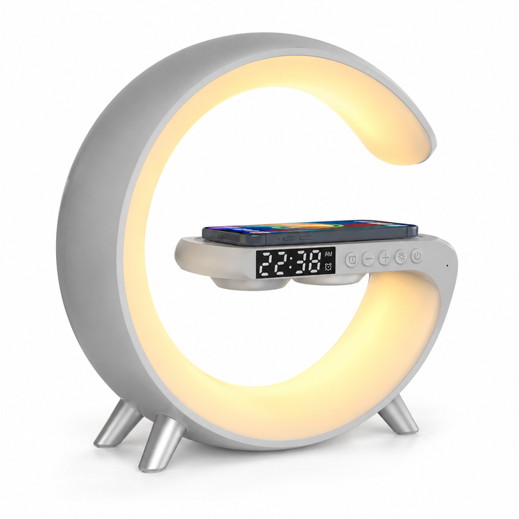 Moon-shaped night light with digital clock on a white background