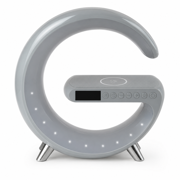 Modern gray lamp with digital display on a white background