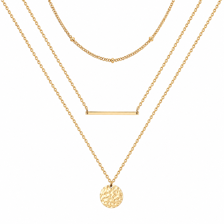Three gold necklaces with different pendants on a white background
