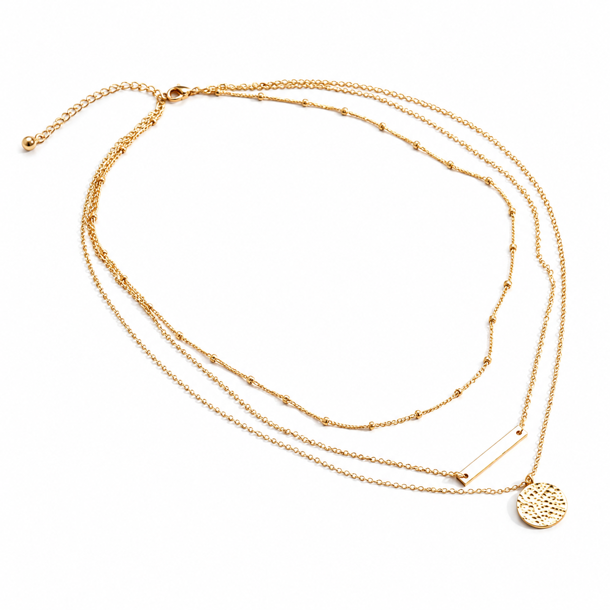 Gold necklace with multiple strands on a white background