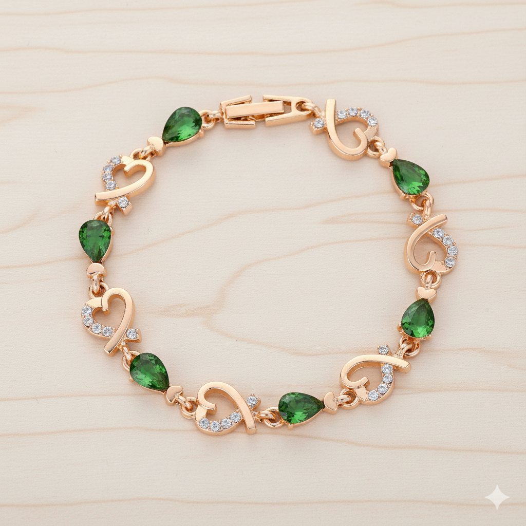 Gold bracelet with green gemstones on a light wood background