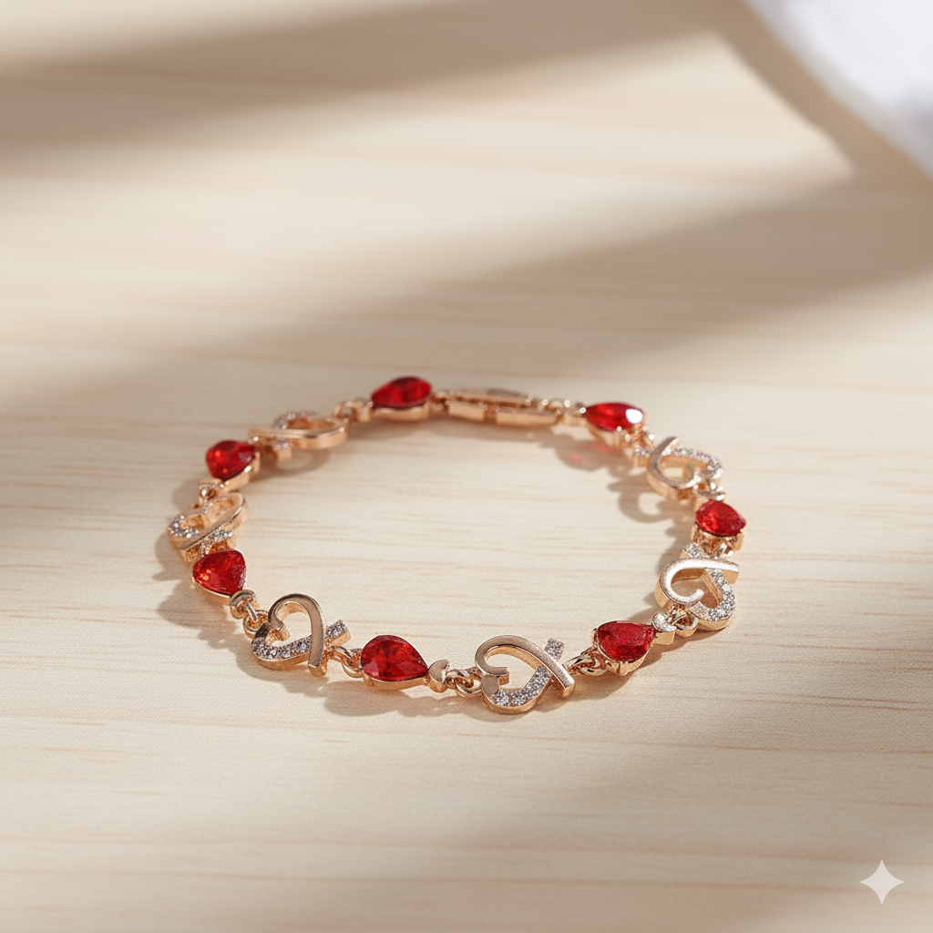 Gold bracelet with red gemstones on a beige background