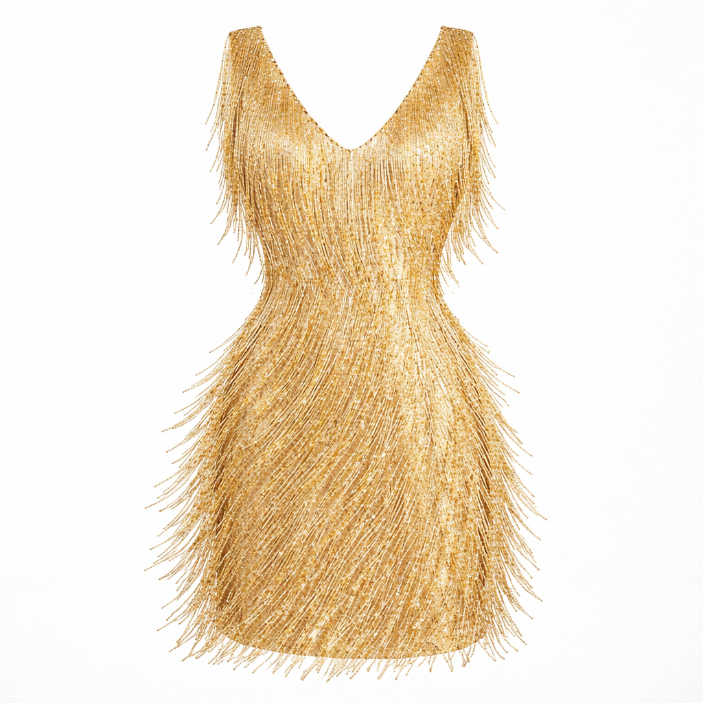 Gold fringe dress on a white background