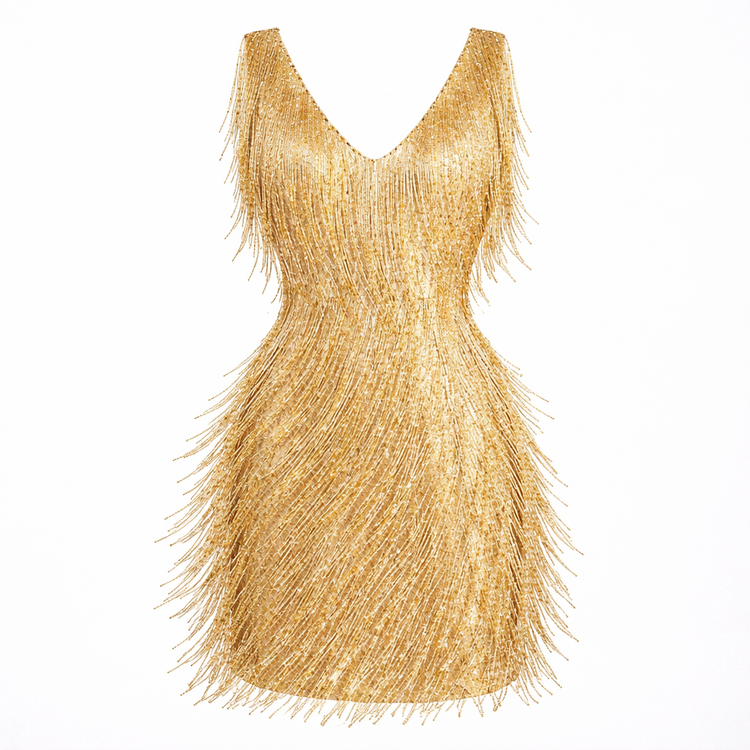 Gold fringe dress on a white background