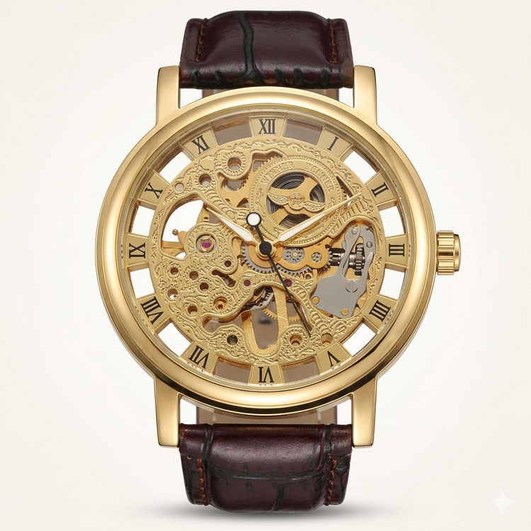 Gold mechanical watch with brown leather strap on a white background