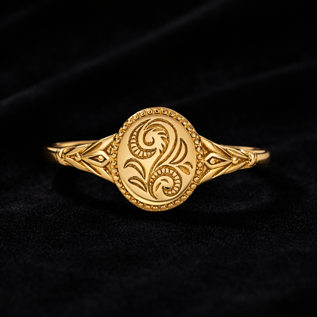Gold ring with intricate design on a black background
