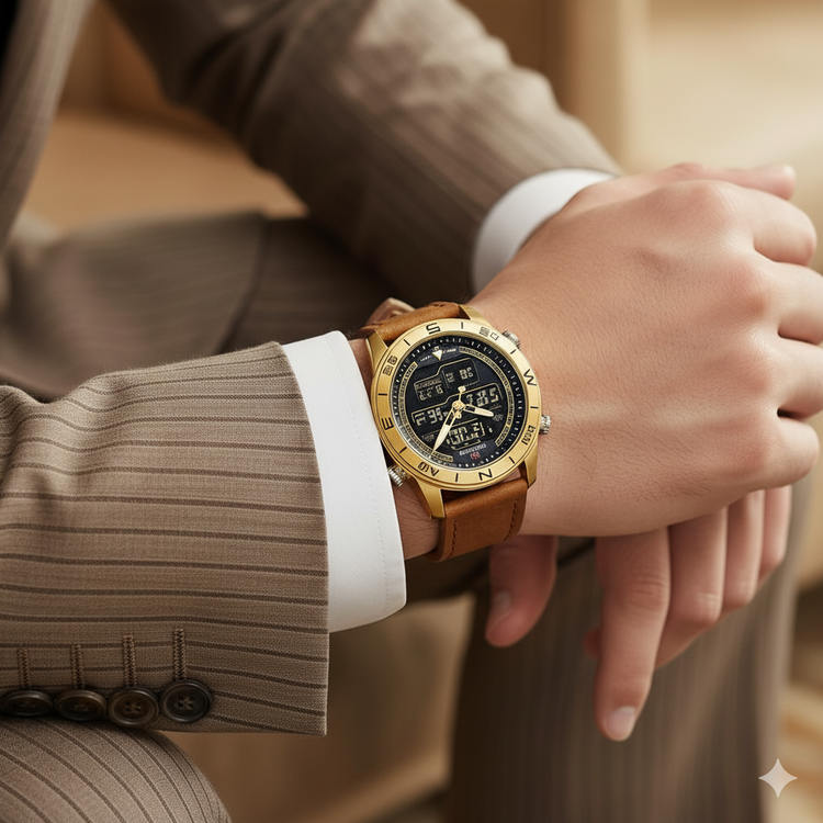 Gold wristwatch on a person wearing a suit with a blurred background