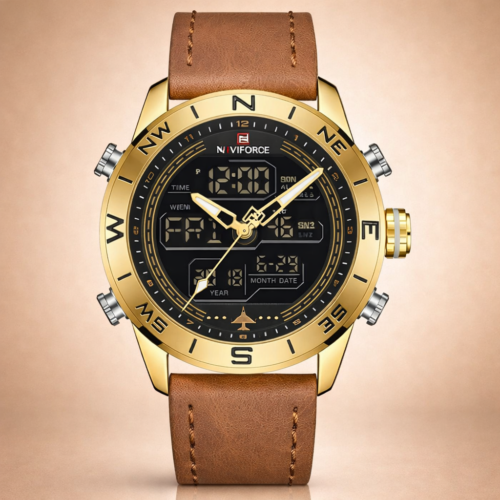 Gold wristwatch with brown leather strap on a beige background