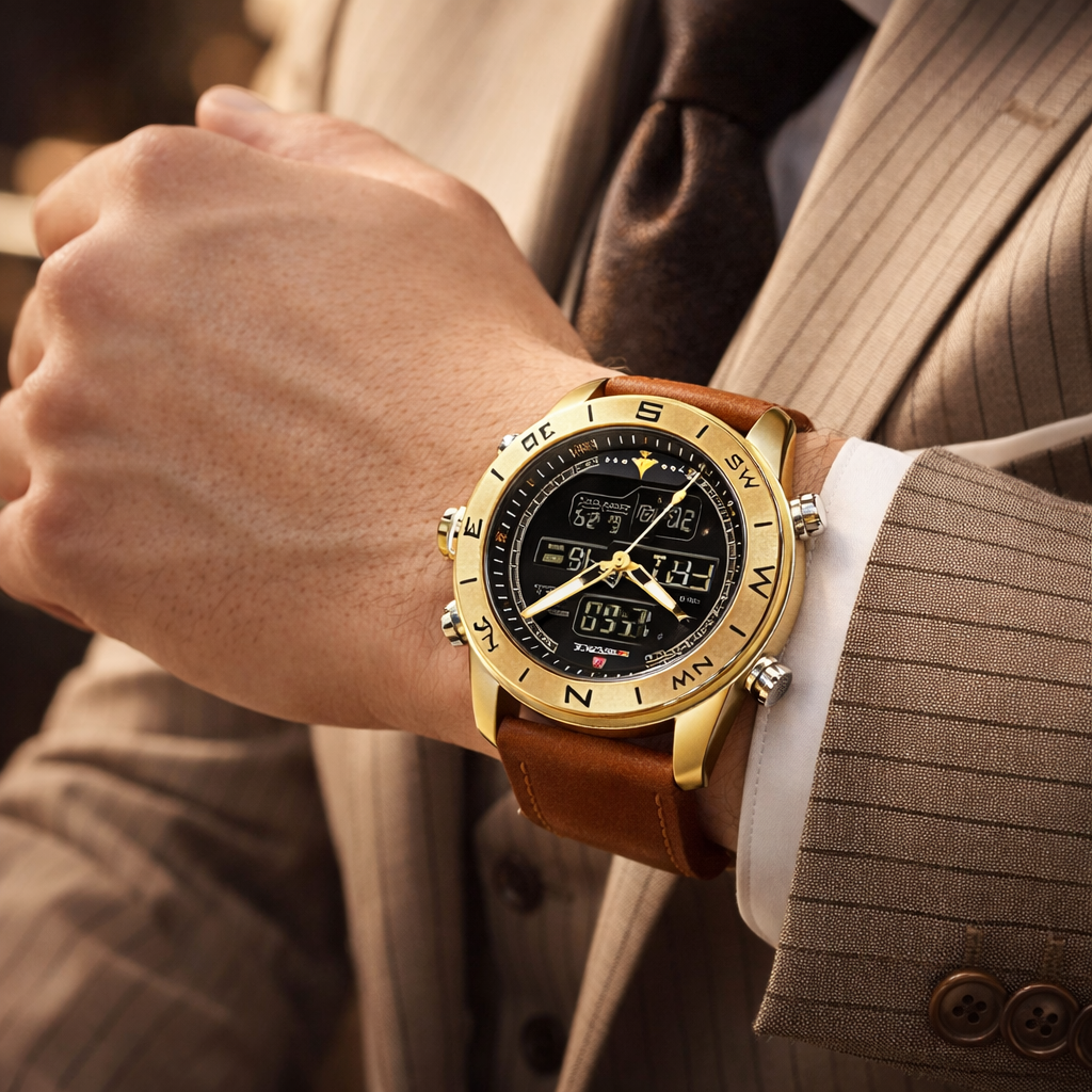 Gold wristwatch with brown leather strap worn by a person in a suit.
