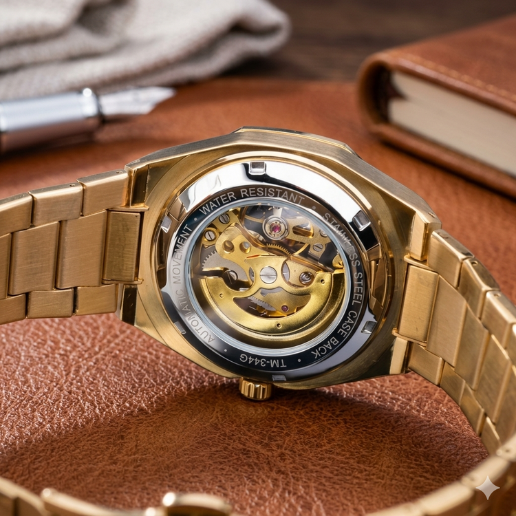 Gold wristwatch with mechanical components on a brown leather surface