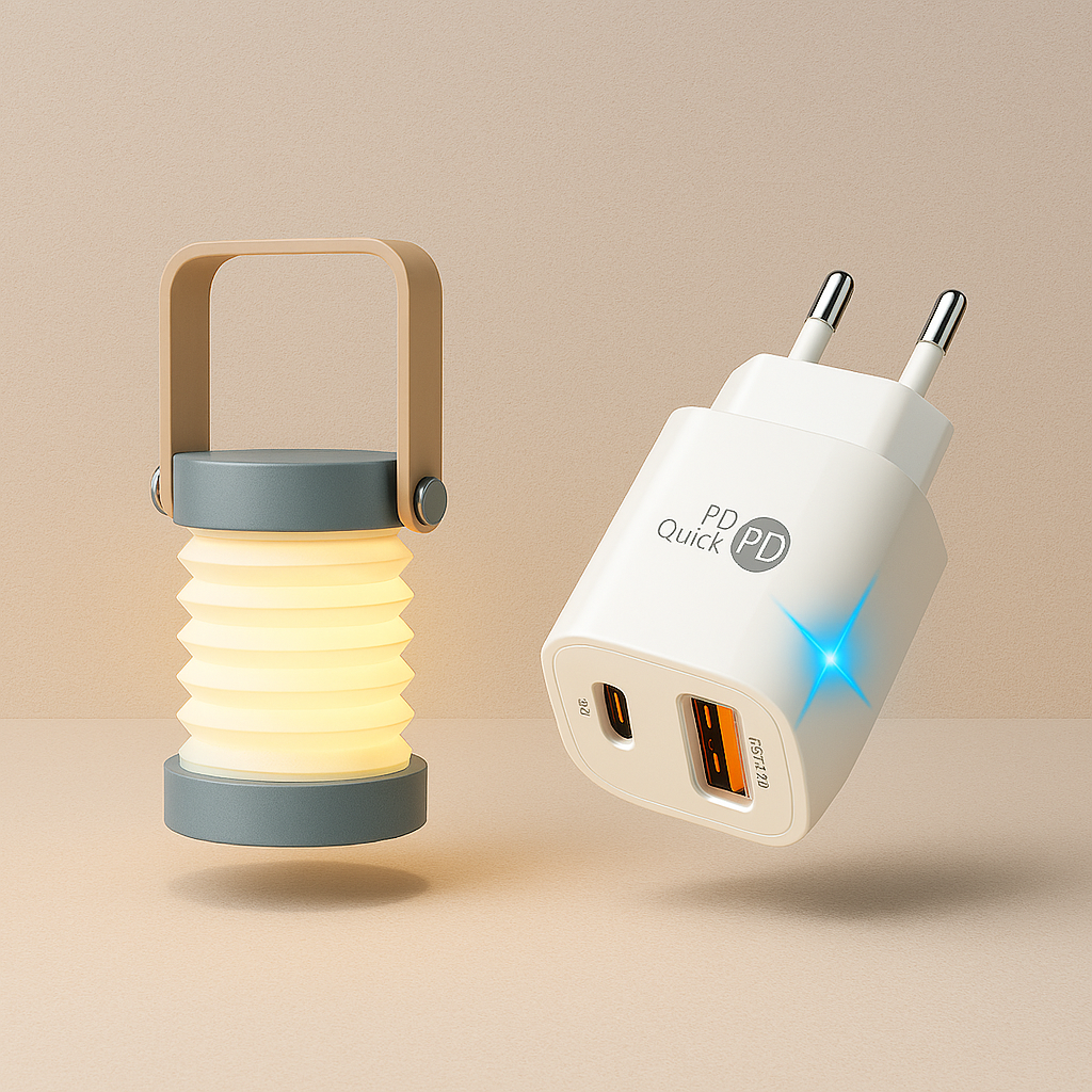 Gray Collapsible lantern and power adapter on a beige background