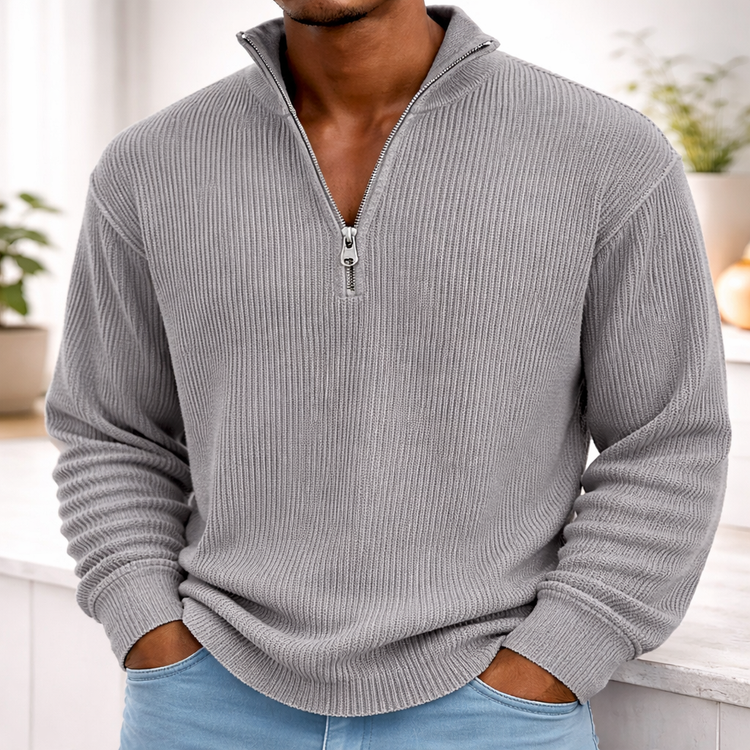 Gray Men’s Corduroy Stand-Collar Zip Sweatshirt