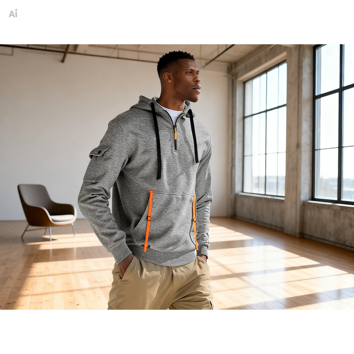 Men's fleece-lined hoodie for everyday wear, heather gray with orange accents, worn by a model indoors.