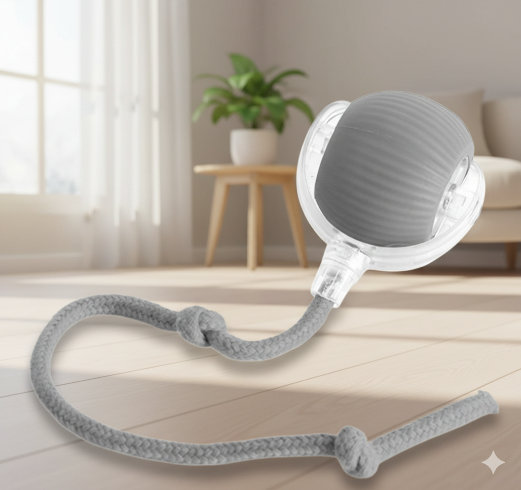 Gray handheld device with a long cord on a light wooden floor.
