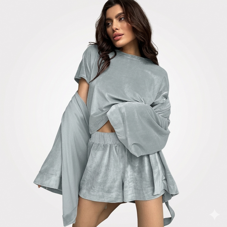 Gray women’s Three-Piece Pajama Set sampled by a model