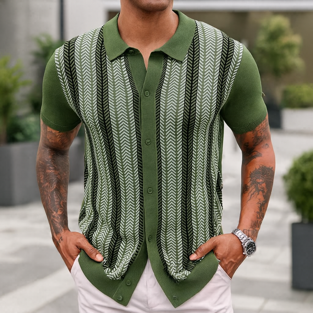 Green Men’s Casual Striped Jacquard Knitted Polo