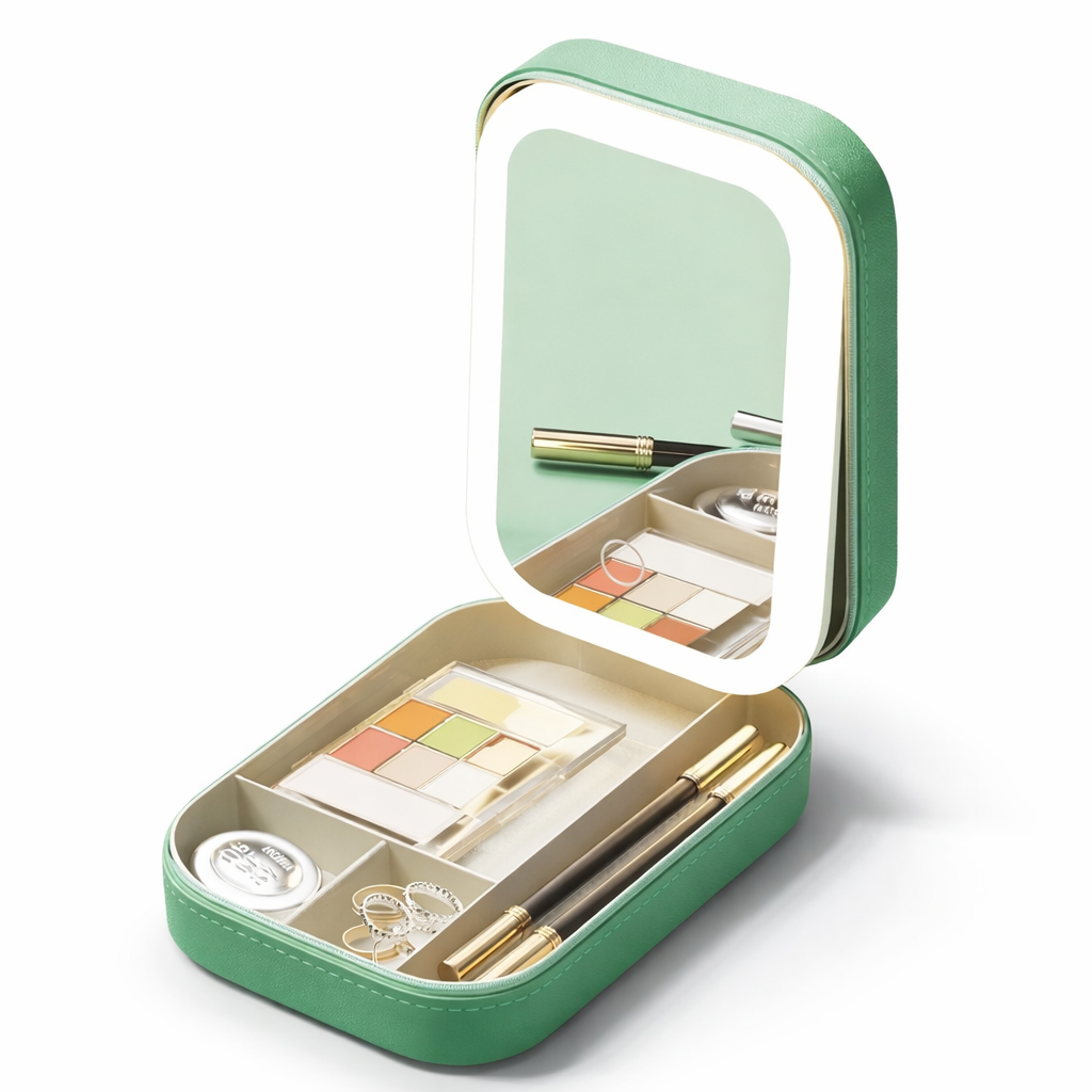 Green Portable Makeup Storage Box with LED Mirror
