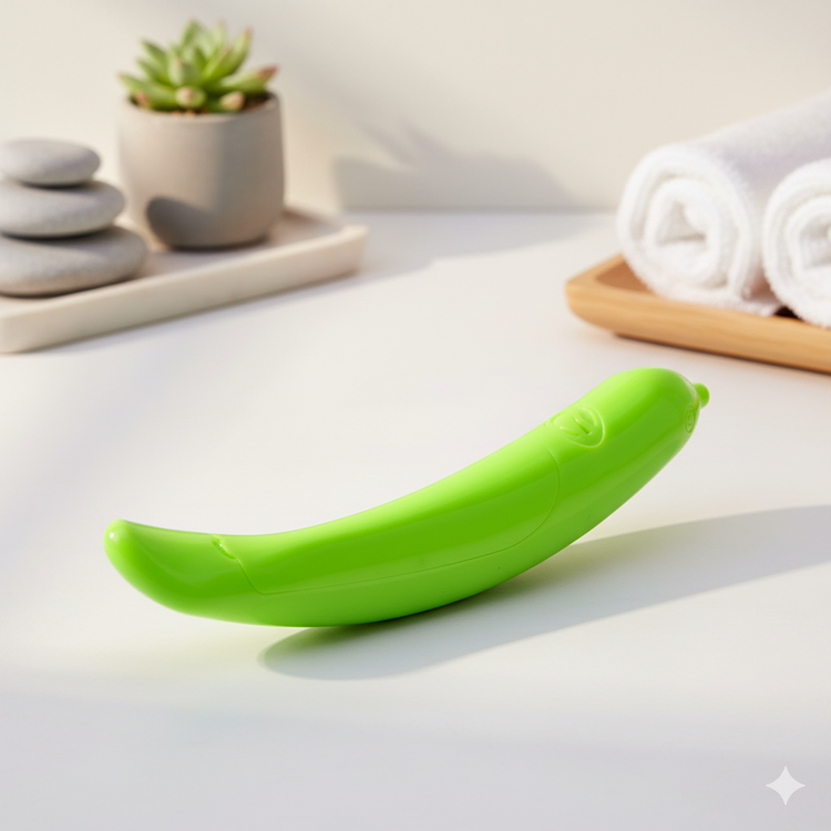 Green banana-shaped object on a light surface with a potted plant and folded towels in the background.