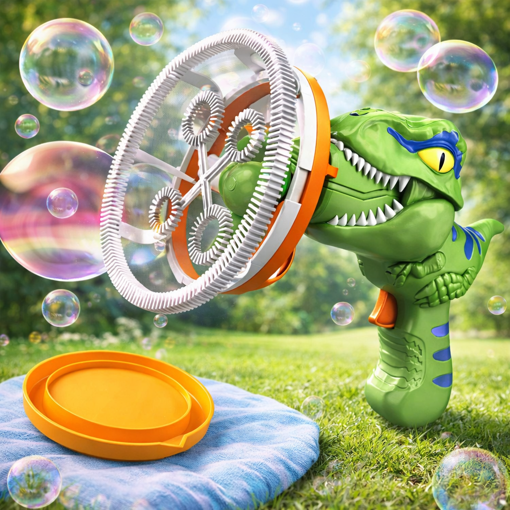 Green dinosaur-shaped bubble gun with bubbles in a grassy outdoor setting